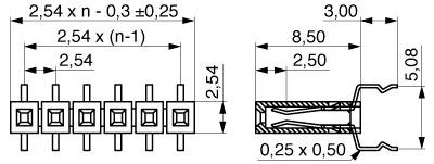Technische Zeichnung eines Stiftleisten-Steckers mit Abmessungen: 2,54 mm Abstand zwischen den Stiften und Gesamtabmessungen von 8,50 mm x 5,08 mm.