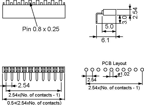 Diagramm zur Veranschaulichung der Steckverbinderdimensionen und des Leiterplattenlayouts: Stiftgröße 0,8x0,25, Rastermaß 2,54, Gesamtlänge 6,1 und Layoutabstandsdetails.