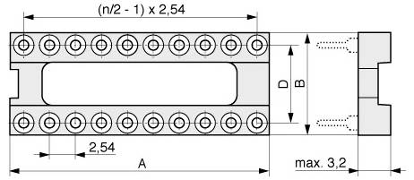 Diagramm einer elektrischen Steckverbinderbuchse. Merkmale sind 2 Reihen von Kontaktstiften, Abmessungen 'A' und 'B' gekennzeichnet, und maximale Dicke 3,2.