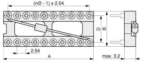 Elektronisches Komponentendiagramm mit Abmessungen: A, B, D und Pinabstand von 2,54 mm. Zeigt einen Widerstand, der diagonal über zwei Reihen angebracht ist.