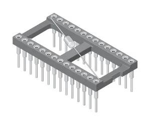Eine 3D-Illustration einer Chip-Fassung mit 28 Pins, die eine kleine zylindrische Komponente, typischerweise einen Widerstand oder Kondensator, in der Mitte hält.