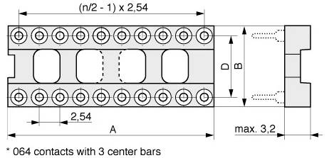 Diagramm eines Steckers mit Maßen: Breite (n/2-1) x 2,54, Höhe max. 3,2, Abstand zwischen Kontakten 2,54. Hinweis: 064 Kontakte mit 3 Mittelleitern.