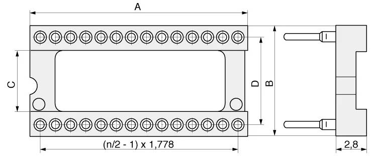 „Diagramm elektronischer Mikroprozessorsockel mit detaillierten Maßen für Stifte und Layouts. Links: Stift 28-32. Rechts: Stift 44-84.