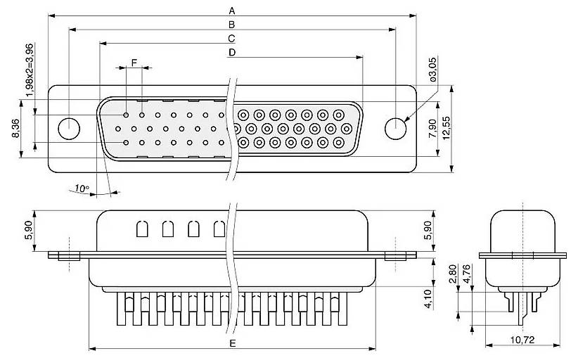 Technische Zeichnung eines D-Sub-Steckers mit Abmessungen zur Darstellung der Stiftanordnung, Dimensionen und Layout aus mehreren Ansichten.