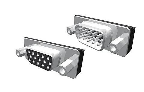 Eine 3D-Darstellung von männlichen und weiblichen D-Sub-Steckverbindern mit mehreren Stiften und Buchsen in rechteckigen Gehäusen, die für elektronische Verbindungen verwendet werden.