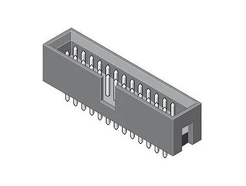 Ein elektronischer Stecker mit 10 Stiften, die in zwei Reihen angeordnet sind, aus einer schrägen Perspektive vor einem einfachen Hintergrund betrachtet.