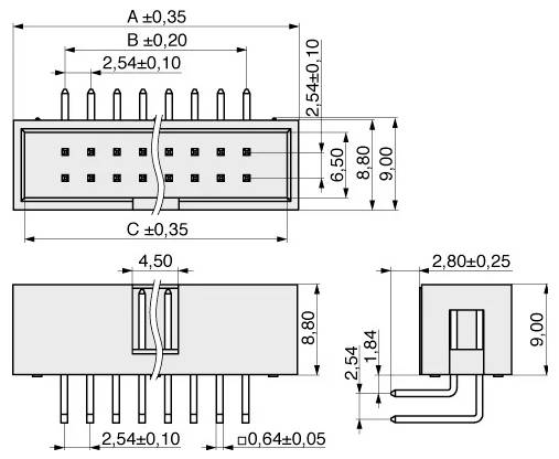 Technische Zeichnung eines Steckers mit Stiftmessungen: Die Draufsicht zeigt die Abmessungen A, B, C. Die Seitenansicht hebt den Stiftabstand und die Höhe hervor.