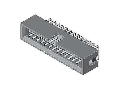 Eine 3D-Illustration eines rechteckigen elektronischen Steckers mit mehreren Stiften, konzipiert zum Verbinden von elektrischen Komponenten.