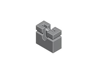 Ein graues 3D-Maschinenteil mit rechteckiger Basis und verschränktem oberen Bereich.