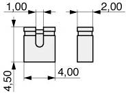 Technisches Diagramm mit Vorder- und Seitenansicht einer mechanischen Komponente. Vorderansicht: Breite 4,00 Einheiten, Höhe 4,50 Einheiten. Obere Vertiefung Breite 1,00 Einheiten. Seitenansicht: Tiefe 2,00 Einheiten.