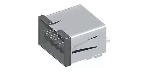 Ein 5-poliger USB-Type-B-Stecker in einer Perspektivansicht, die die Stifte und die rechteckige Form vor weißem Hintergrund hervorhebt.