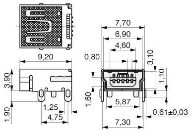 Technische Zeichnung eines USB-Steckers mit Abmessungen: Höhe 3,10 mm, Breite 9,20 mm und Stiftabstand. Enthält verschiedene Seitenansichten.