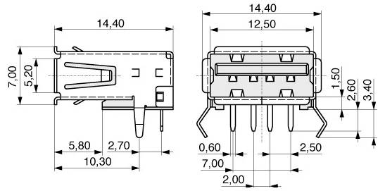 Technische Zeichnung eines 7-poligen USB-Steckers mit detaillierten Abmessungen in Millimetern, der Seiten- und Vorderansichten zeigt.