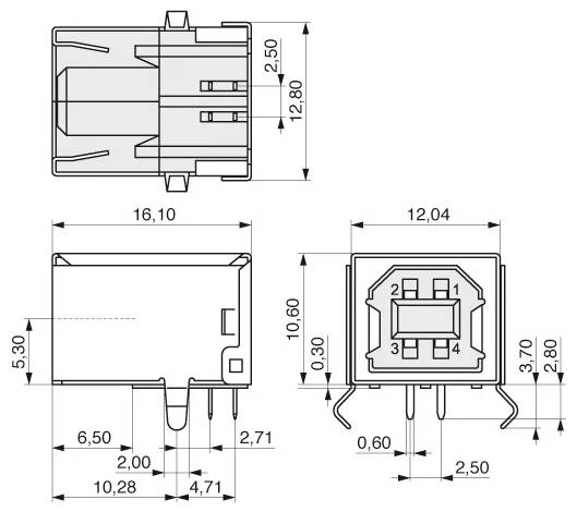 Technisches Diagramm einer elektronischen Komponente mit mehreren Ansichten, einschließlich Abmessungen, detailliert mit Länge, Breite und Höhe in Millimetern.