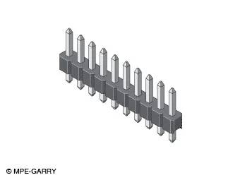 Eine 3D-Illustration eines 10-poligen Stecker-Stiftleisten-Verbinders mit schwarzer Kunststoffbasis und Metallstiften, aus leicht versetztem Blickwinkel betrachtet.