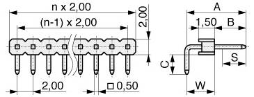 Schaltplan einer 10-poligen elektronischen Komponente mit Maßen: Pinabstand 2,00 mm, Breite 0,50 mm und Höhendetails mit den Bezeichnungen A, B, C, S und W.