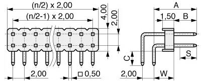 Diagramm eines Dual-In-Line-Gehäuses (DIP) mit detaillierten Abmessungen, einschließlich Pinabstand von 2,00 mm und den Dimensionen A, B, C, S und W.