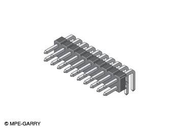'Illustration eines rechtwinkligen Leiterplattenverbinders mit Metallstiften und einem schwarzen Kunststoffgehäuse, gekennzeichnet mit „MPE-GARRY