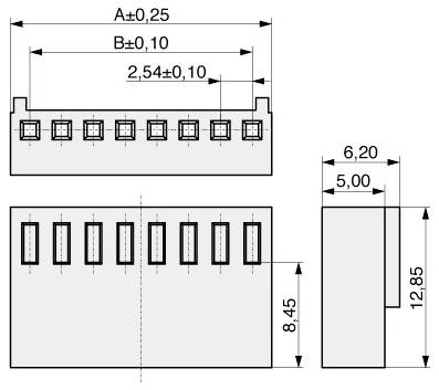 Diagramm, das die technischen Spezifikationen einer elektronischen Komponente zeigt, einschließlich Abmessungen: A±0,25, B±0,10, 2,54±0,10, Höhe 12,85.
