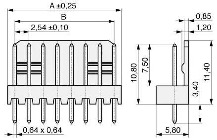Technisches Diagramm einer rechteckigen elektronischen Komponente mit Pins, das die folgenden Abmessungen zeigt: Breite 10,80 mm, Höhe 11,40 mm, Pin-Abstand 2,54 mm.