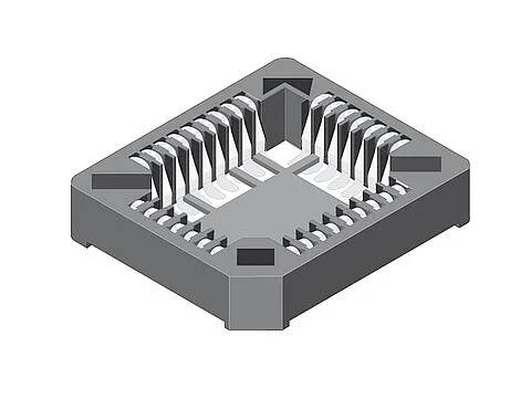 Abbildung einer quadratischen elektronischen Komponenten-Buchse mit mehreren Steckplätzen an den Kanten, die zur Sicherung von Chipverbindungen verwendet wird.