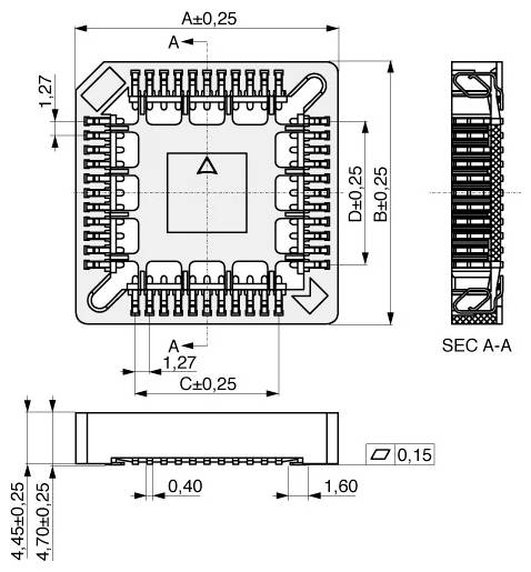 Ein technisches Diagramm eines quadratischen integrierten Schaltkreispakets mit detaillierten Messungen einschließlich Längen, Breiten und Stiftanordnung.