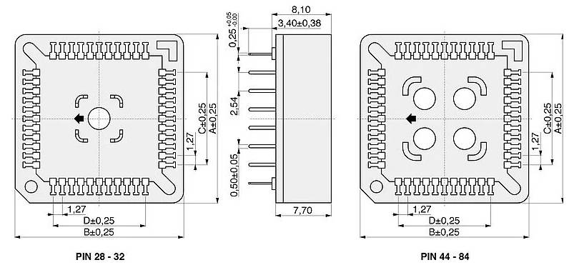 Diagramm von zwei elektronischen Chip-Layouts mit Abmessungen und Pin-Konfigurationen. Links: Pin 28-32, Rechts: Pin 44-84. Messungen in mm.