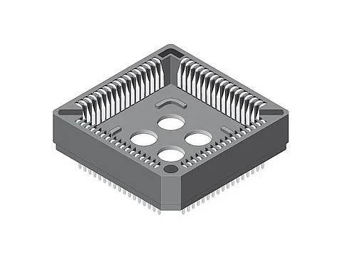 Eine 3D-Illustration eines quadratischen Mikrochips mit mehreren Anschlüssen auf jeder Seite, wie er häufig in elektronischen Geräten verwendet wird.