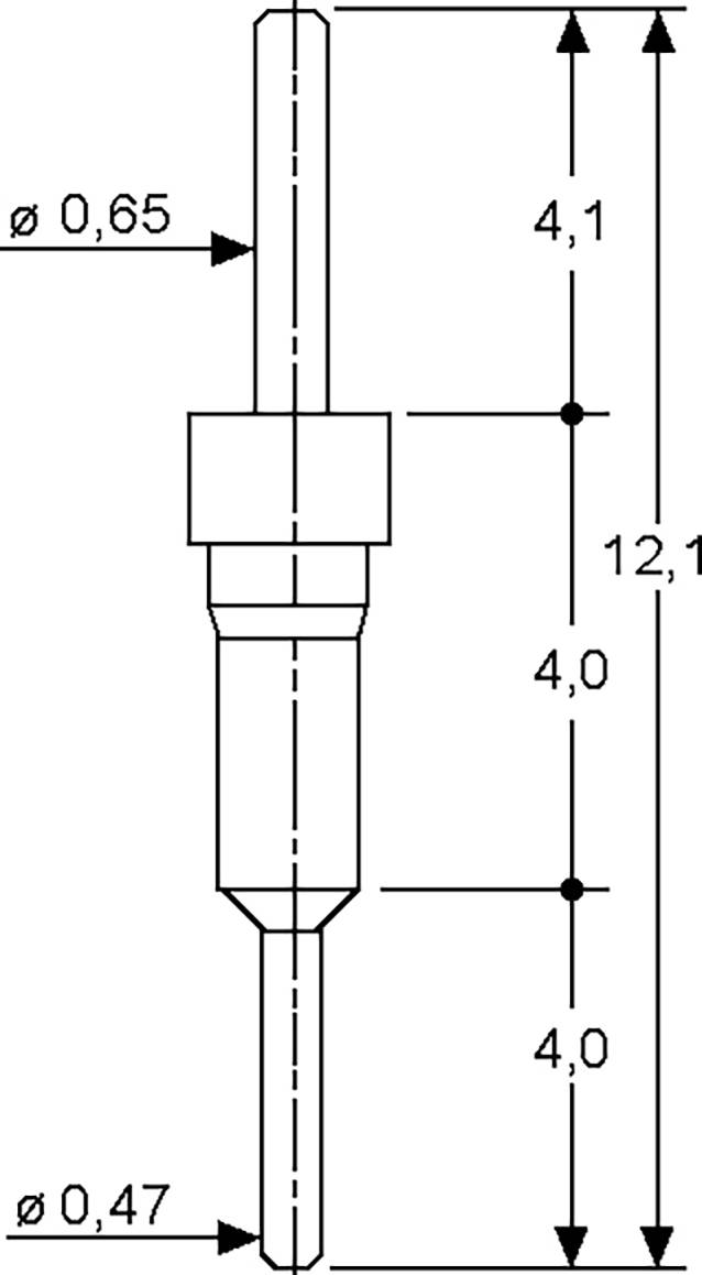 Eine technische Zeichnung eines zylindrischen Stifts mit Abmessungen: Durchmesser 0,65 mm, Körperlänge 4,1 mm, Mitte 4,0 mm, Basis 4,0 mm und kleinerer Durchmesser 0,47 mm.