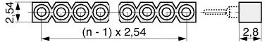 Technisches Schaltdiagramm eines Steckers mit Abmessungen: Kreisförmige Kontakte in einer Reihe mit Abstand '2.54', Gesamtlänge angegeben als '(n-1) x 2.54', Breite '2.8'.