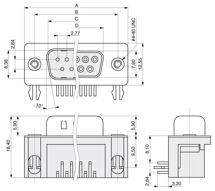 Technische Zeichnung eines Steckers mit Abmessungen in Millimetern beschriftet. Front-, Draufsicht und Seitenansicht zeigen Messungen und Anschlussdetails.
