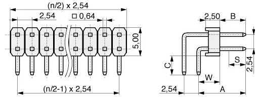 Zylindrischer Steckerkonnektordimensionen: 2,54 mm Abstand, 0,64 mm Durchmesser Löcher, 5,00 mm Länge, Seitenansicht mit detaillierten Abmessungen.