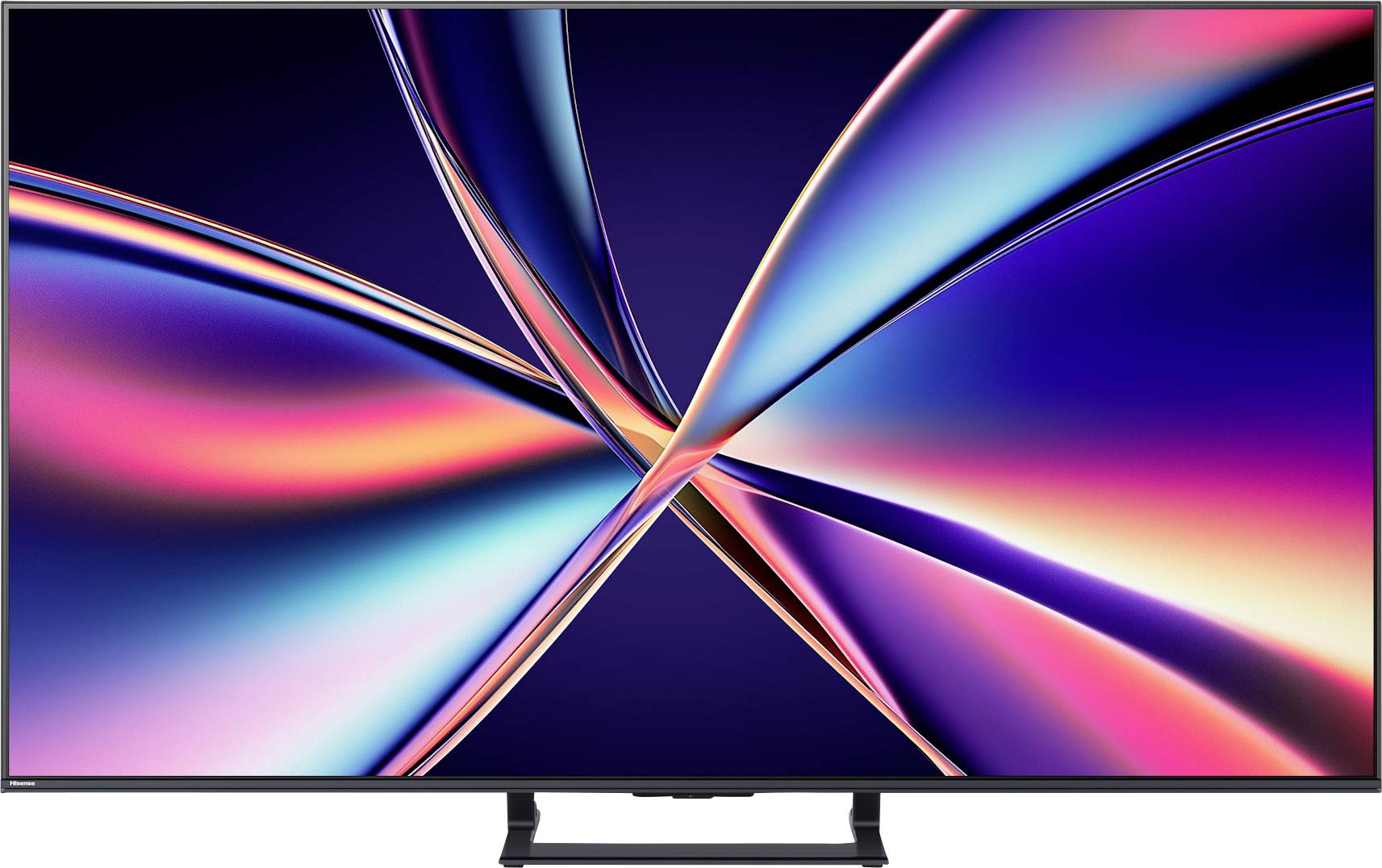 Ein TV-Bildschirm zeigt ein lebendiges abstraktes Design mit farbenfrohen, sich kreuzenden Lichtstrahlen auf dunklem Hintergrund, das ein Gefühl von Bewegung erzeugt.