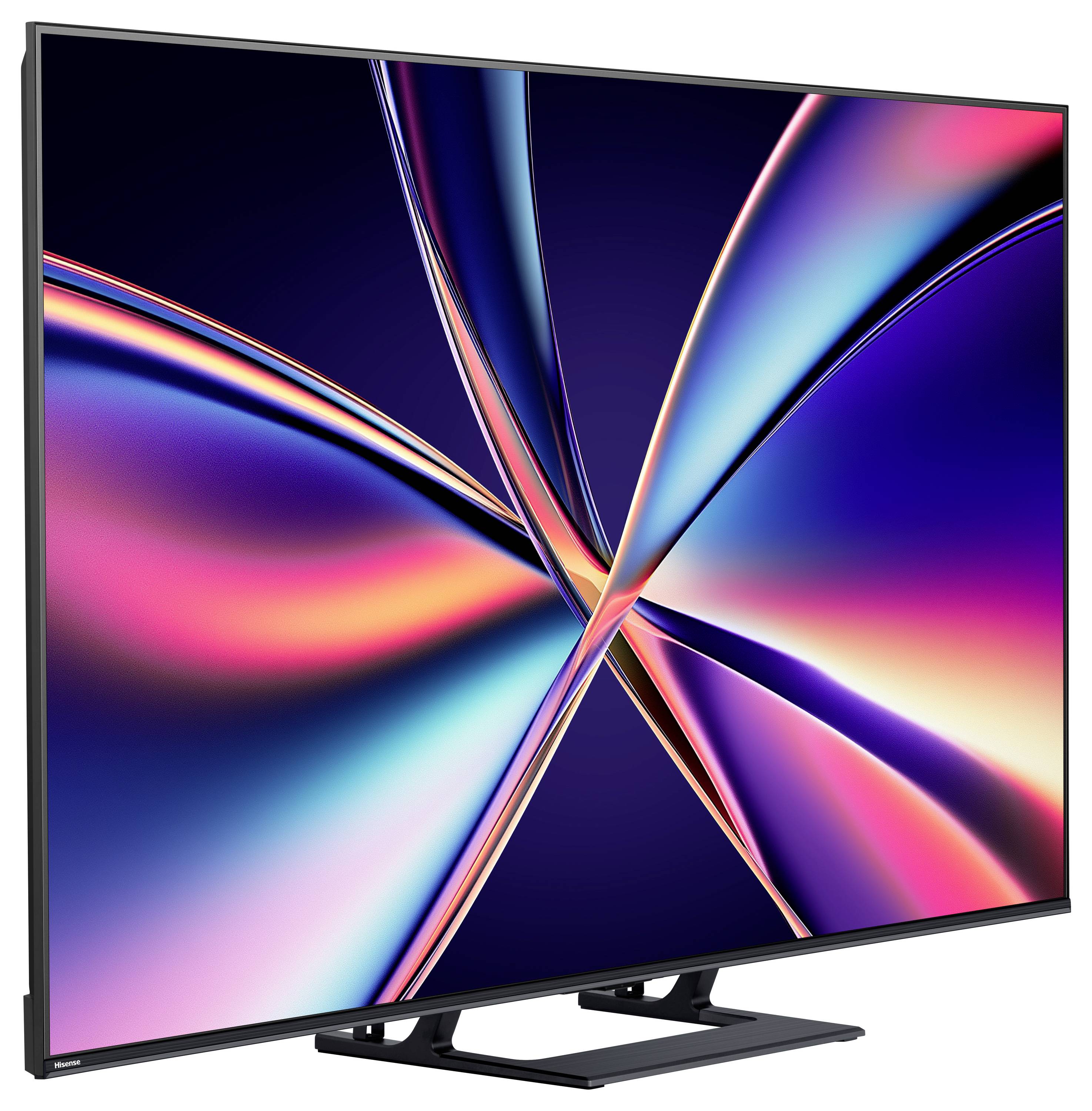 Ein großer Flachbildfernseher mit einem lebendigen abstrakten Wirbelmuster auf dem Display, das eine Mischung aus blauen, rosa und orangefarbenen Tönen zeigt.