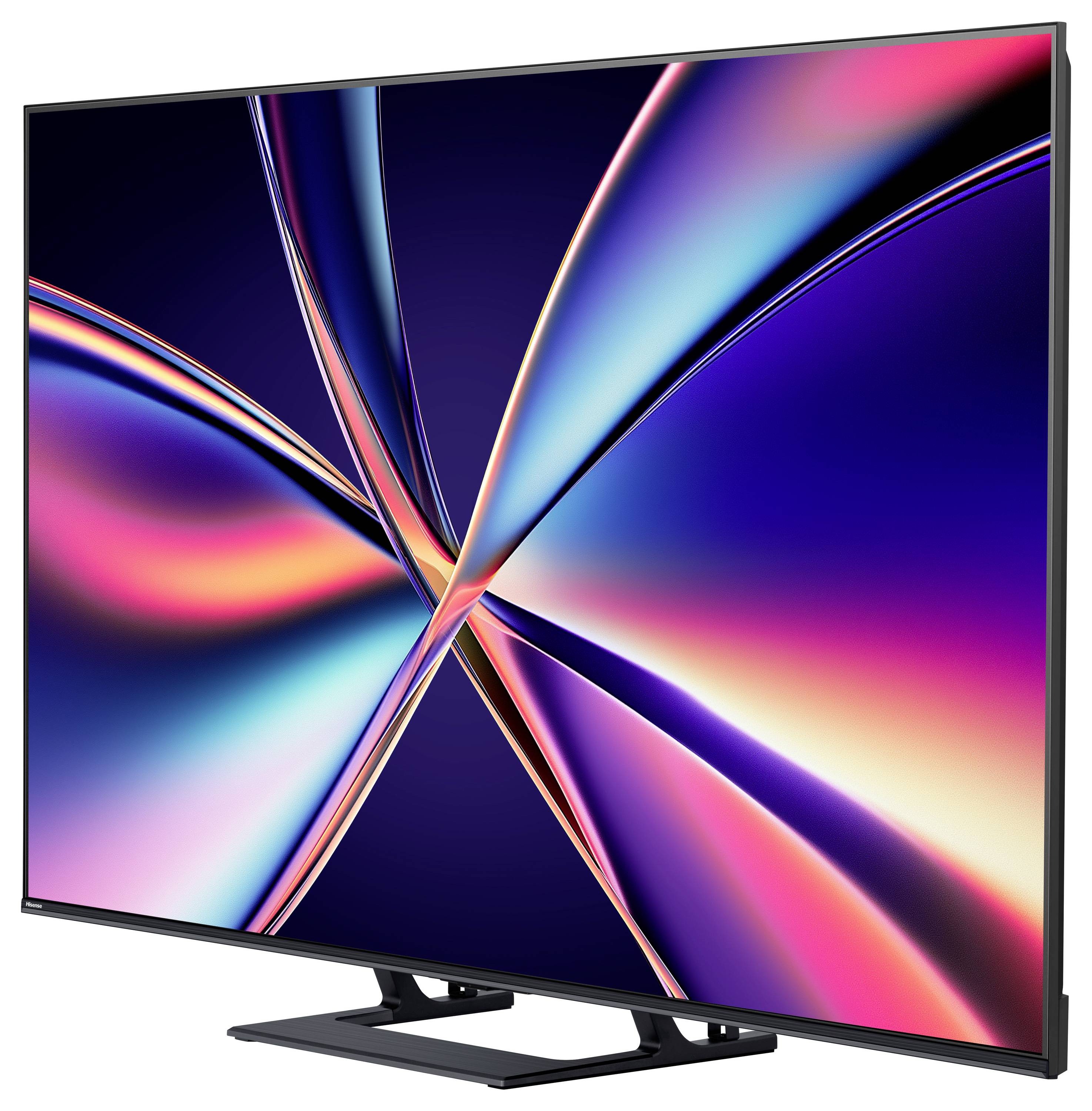 Ein eleganter Flachbildfernseher zeigt lebendige abstrakte Muster mit Neonfarben vor dunklem Hintergrund und präsentiert ein modernes Design.