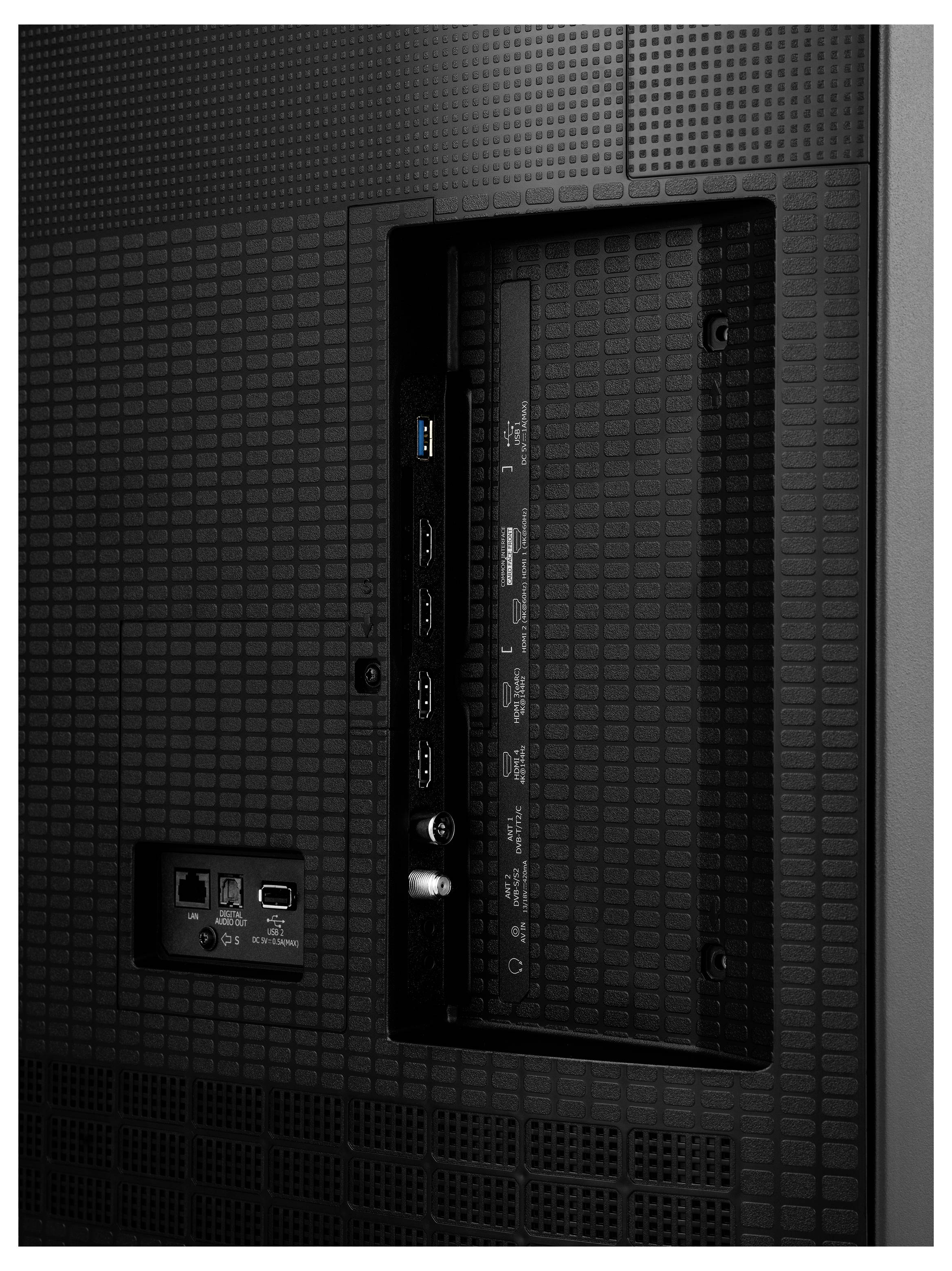 Rückseite eines Fernsehers mit Eingängen: USB, HDMI, Ethernet und Audioausgängen, mit einem strukturierten Gittermuster auf dem Panel.