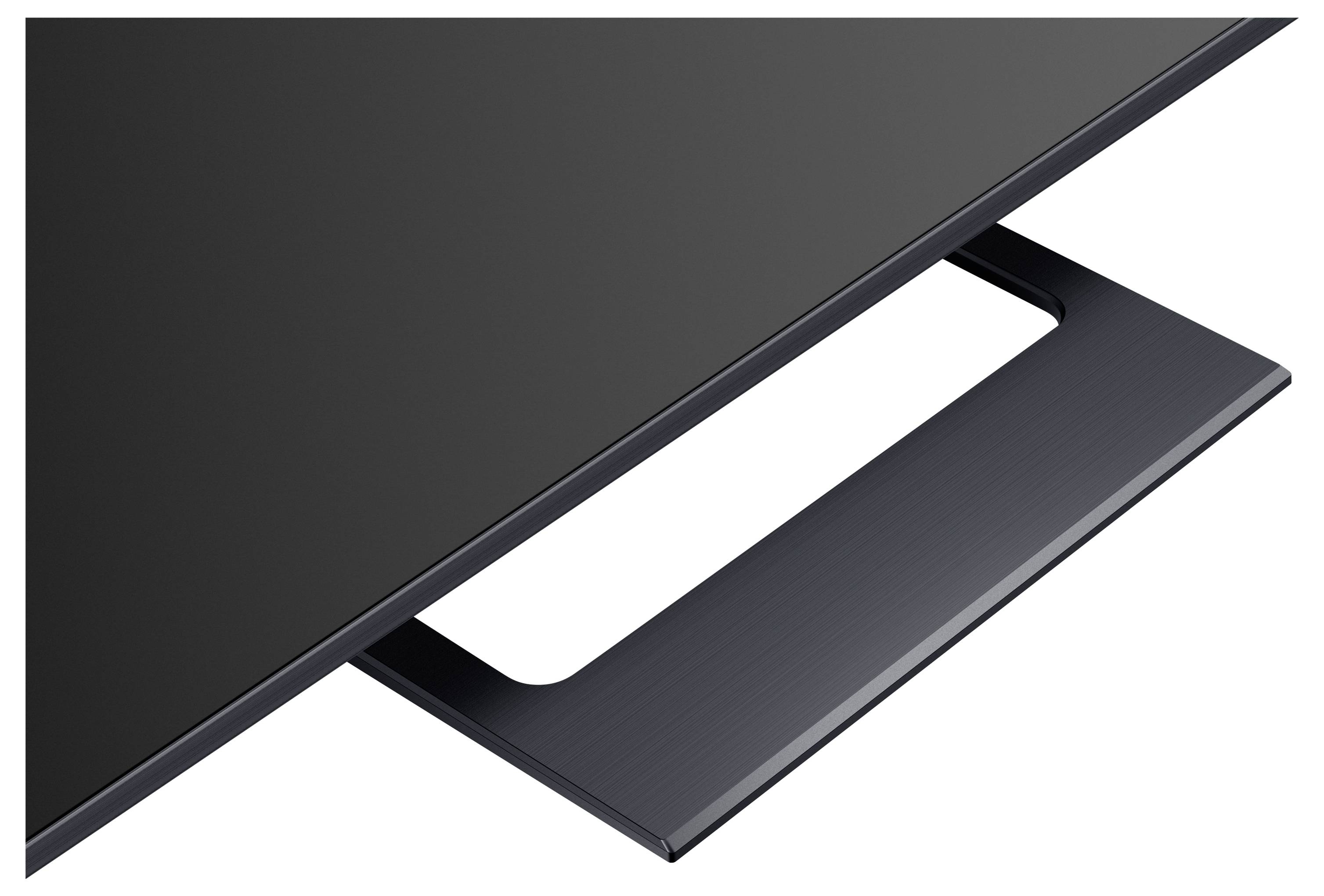 Eine elegante, moderne Fernsehecker mit dünnem schwarzem Rahmen und rechteckigem Ständer, aus einer oberen Perspektive betrachtet, die minimalistisches Design zur Schau stellt.