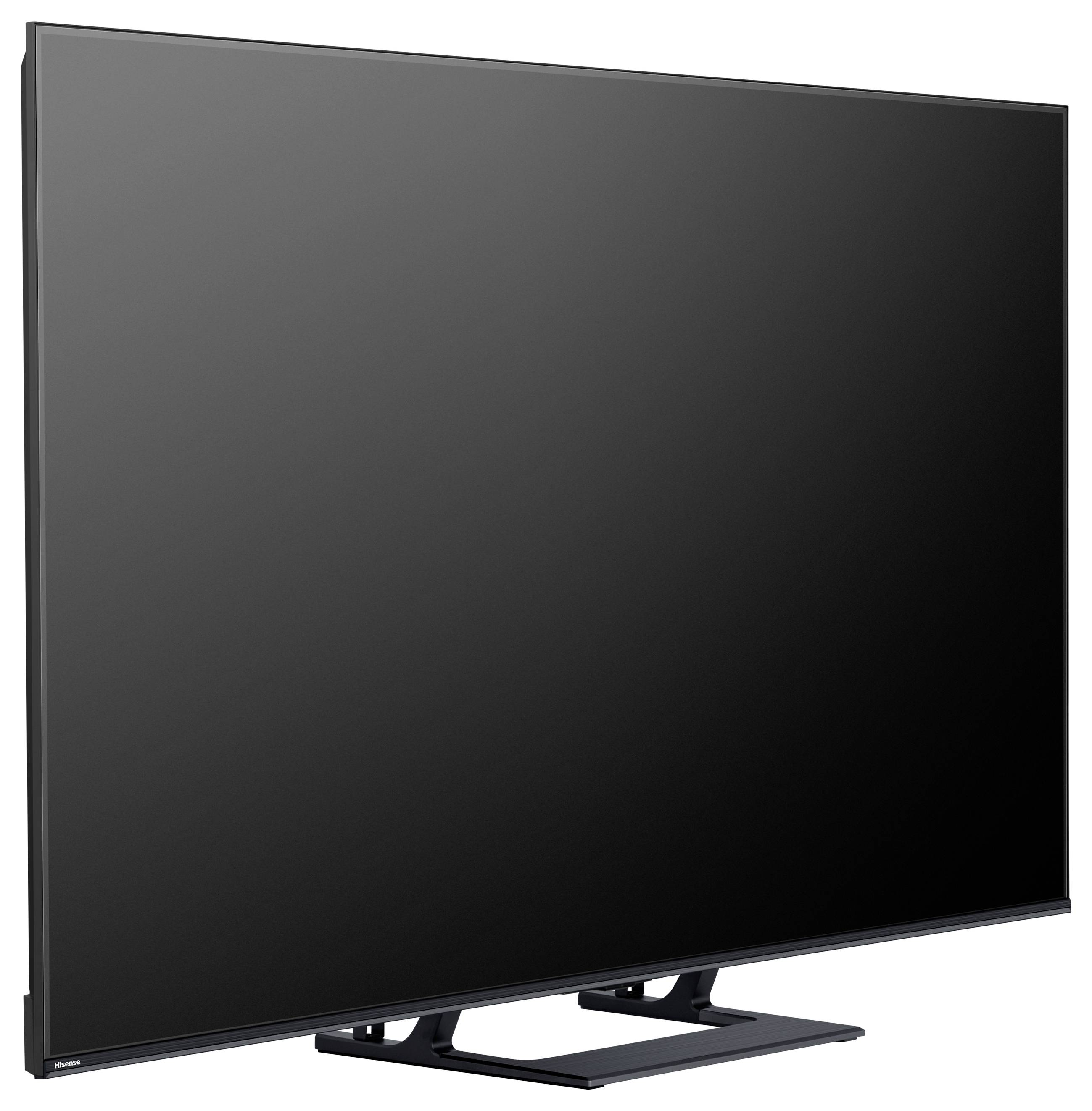 Ein Flachbildfernseher mit schlankem, modernem Design und schwarzem Rahmen, positioniert auf einem Ständer.