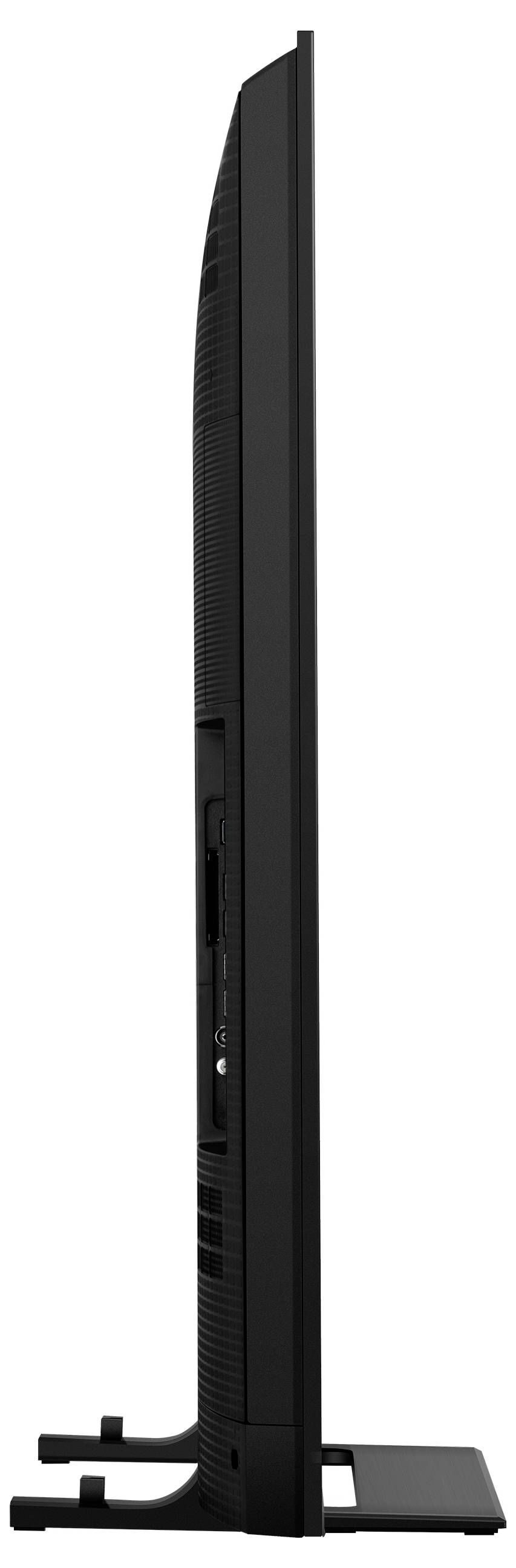 Eine Seitenansicht eines schlanken, modernen Flachbildfernsehers auf einem minimalistischen schwarzen Ständer, der sein elegantes und dünnes Design zur Schau stellt.