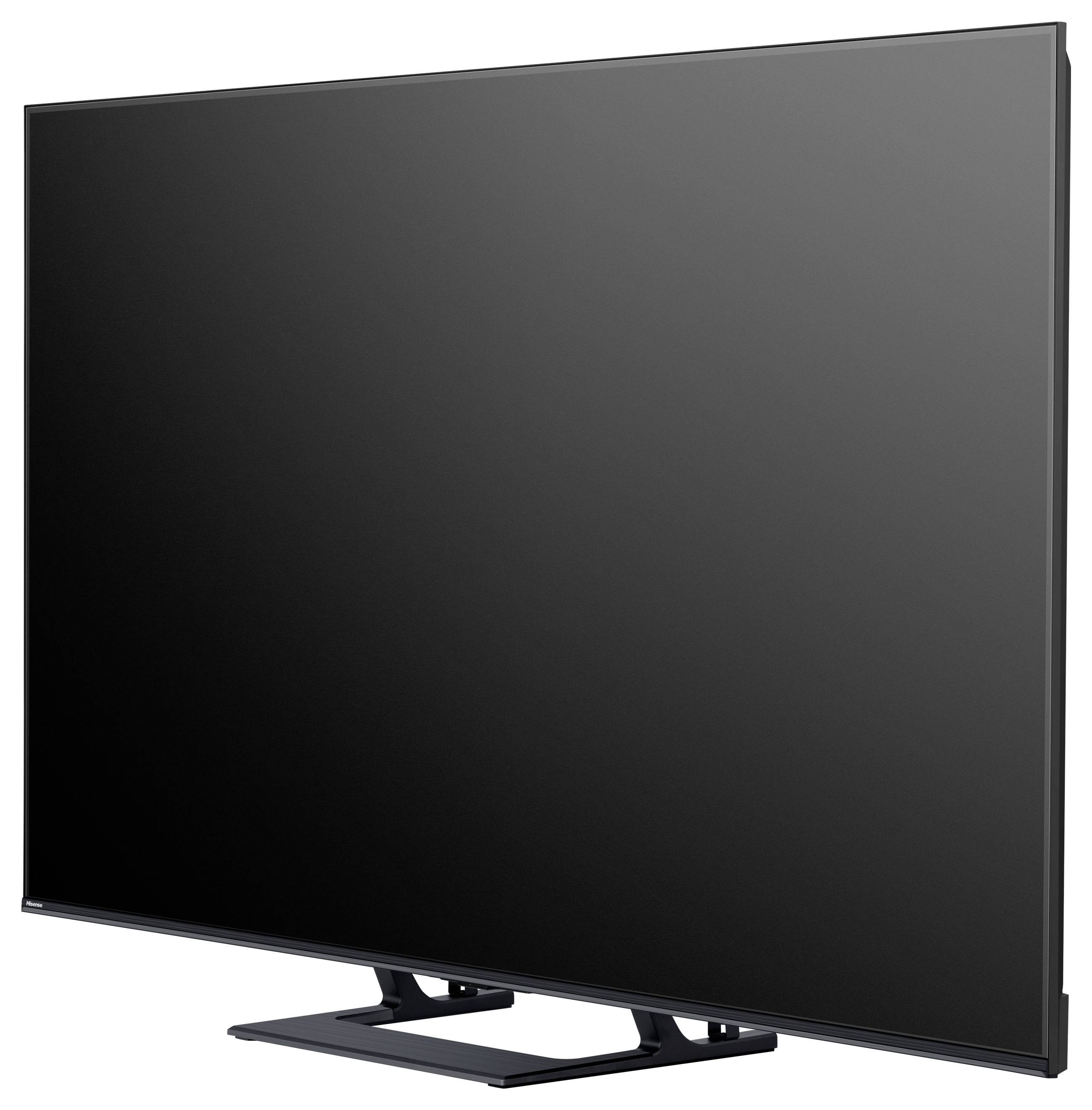 Ein Flachbildfernseher auf einem Ständer mit minimalistischem schwarzem Rahmen und reflektierendem Bildschirm, aus einer angewinkelten Perspektive betrachtet.