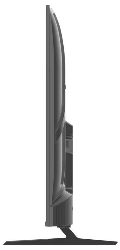 Ein schlankes, modernes Fernsehgerät in Profilansicht, das sein dünnes Design und seinen eleganten Ständer betont.