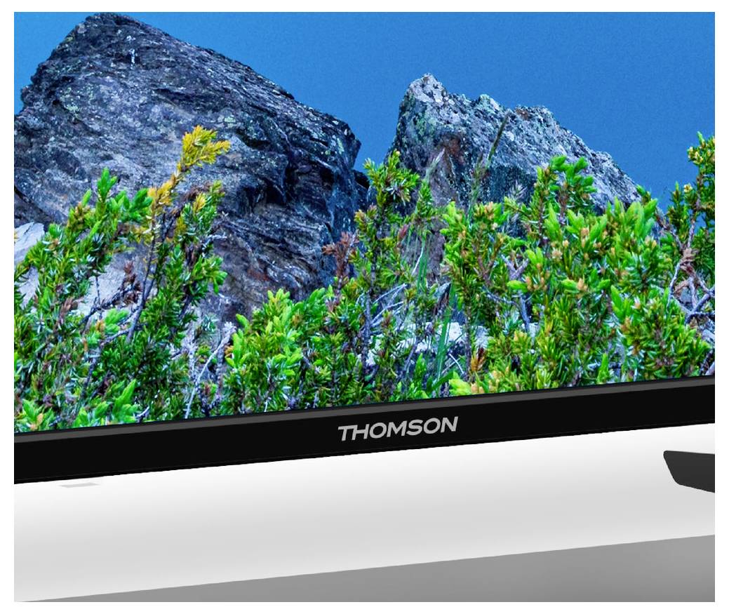 Ein Fernsehbildschirm zeigt ein lebendiges Bild von felsigen Bergen mit üppigem grünem Laub im Vordergrund unter einem klaren blauen Himmel.