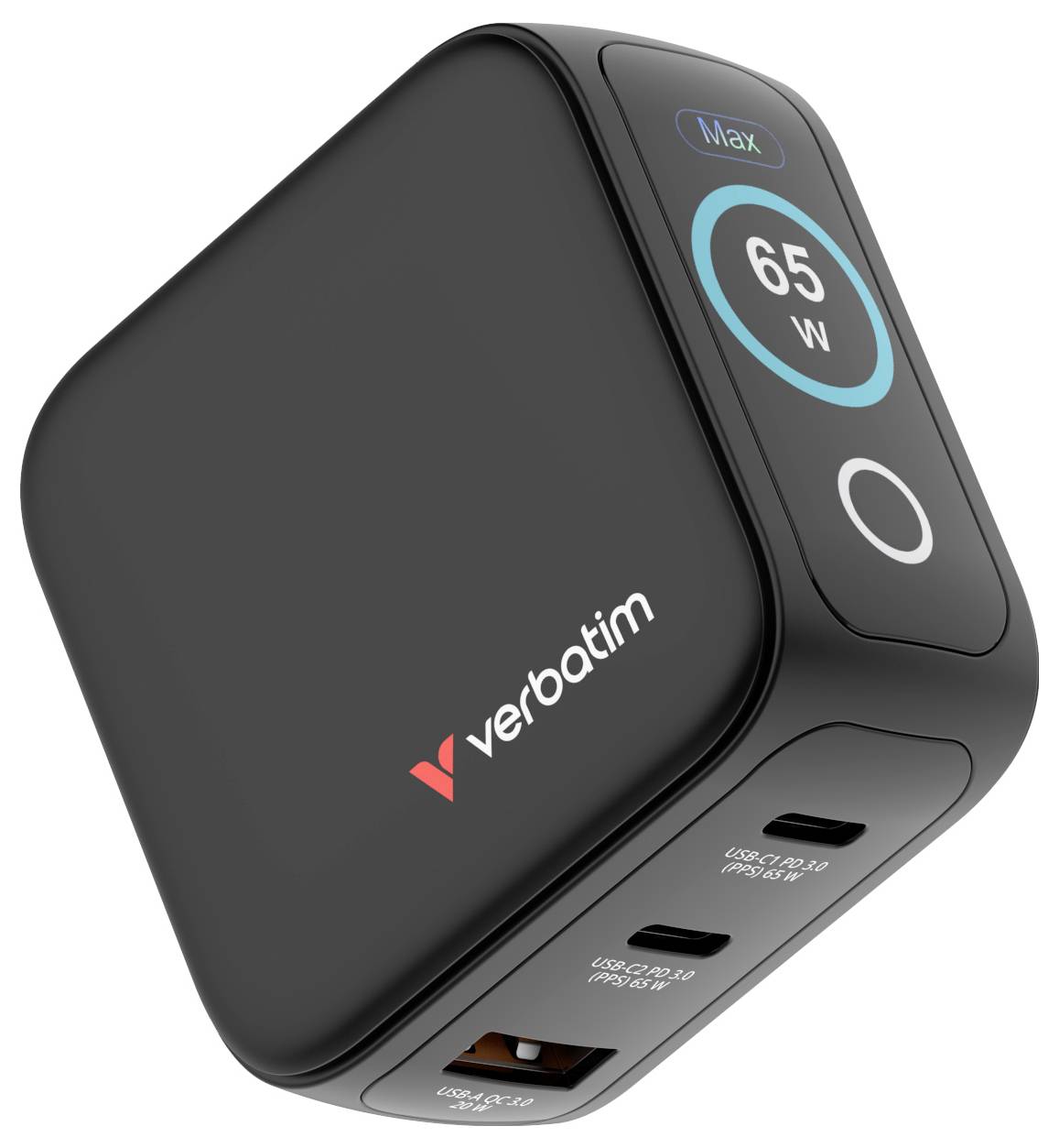 Ein schwarzes Verbatim-Ladegerät mit einer maximalen Ausgangsleistung von 65W verfügt über USB-C- und USB-A-Anschlüsse und zeigt 