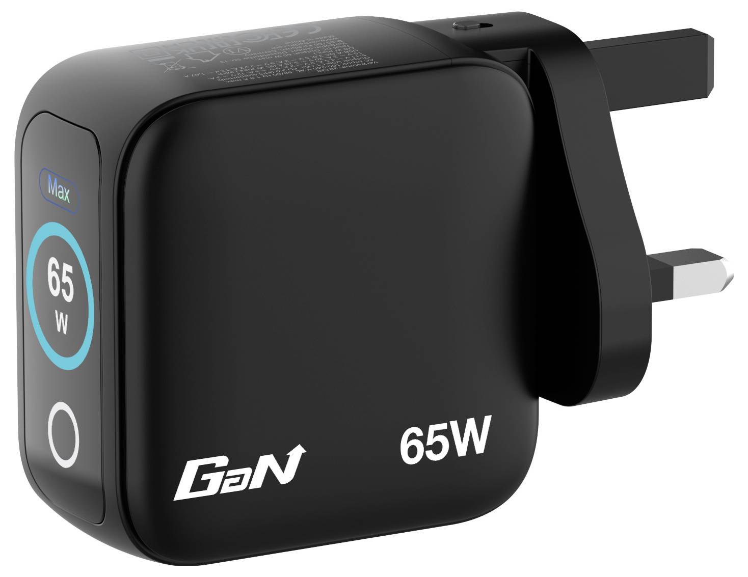 Ein schwarzes 65-W-GaN-Ladegerät mit dreipoliger Steckdose und abgerundeten Kanten. Die Vorderseite zeigt „Max