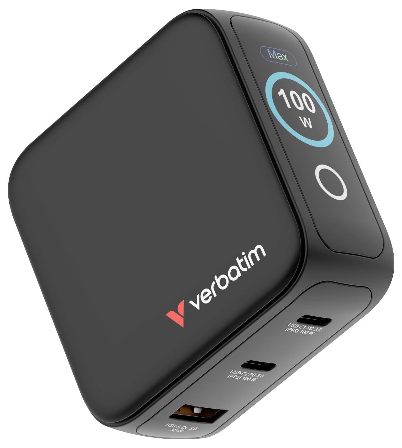 Ein schwarzer Verbatim-Netzteiladapter mit mehreren USB-Anschlüssen, auf dessen Seite „100W Max