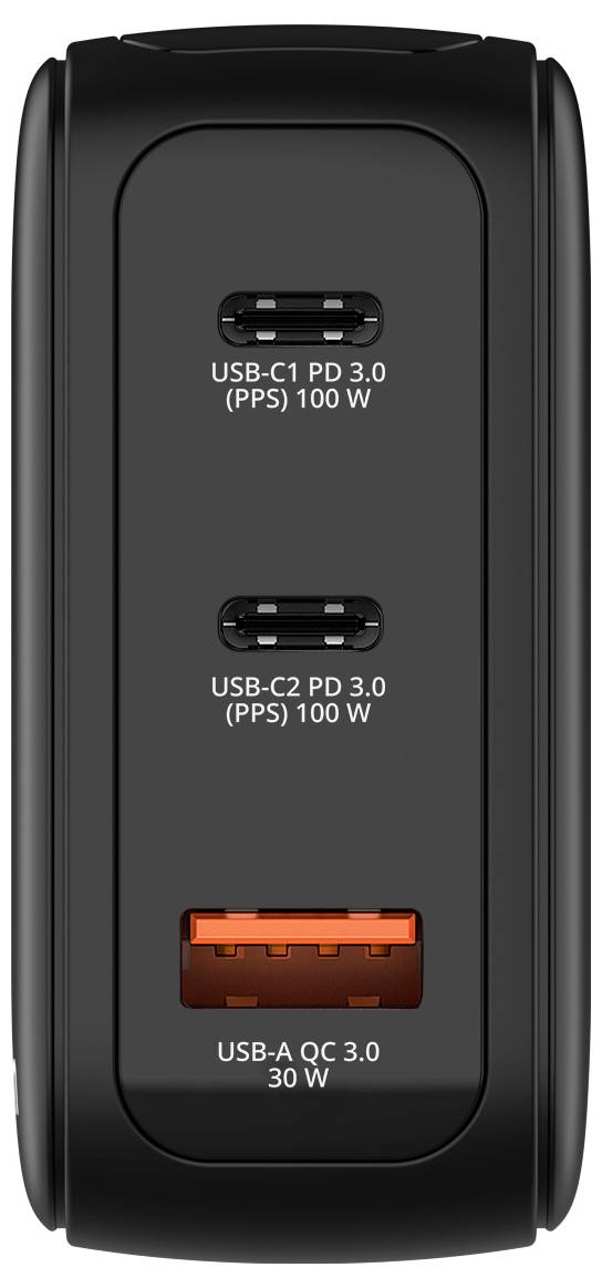 Ein schwarzes Multi-Port-Ladegerät mit zwei USB-C-Anschlüssen mit der Bezeichnung „USB-C1 PD 3.0 (PPS) 100W