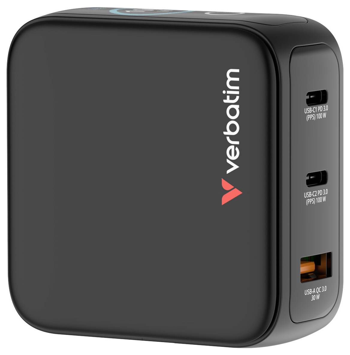 Ein schwarzes Verbatim-USB-Wandladegerät mit drei Anschlüssen: zwei USB-C-Anschlüsse (100W) und ein USB-A-Anschluss (30W), mit dem Verbatim-Logo auf der Seite.