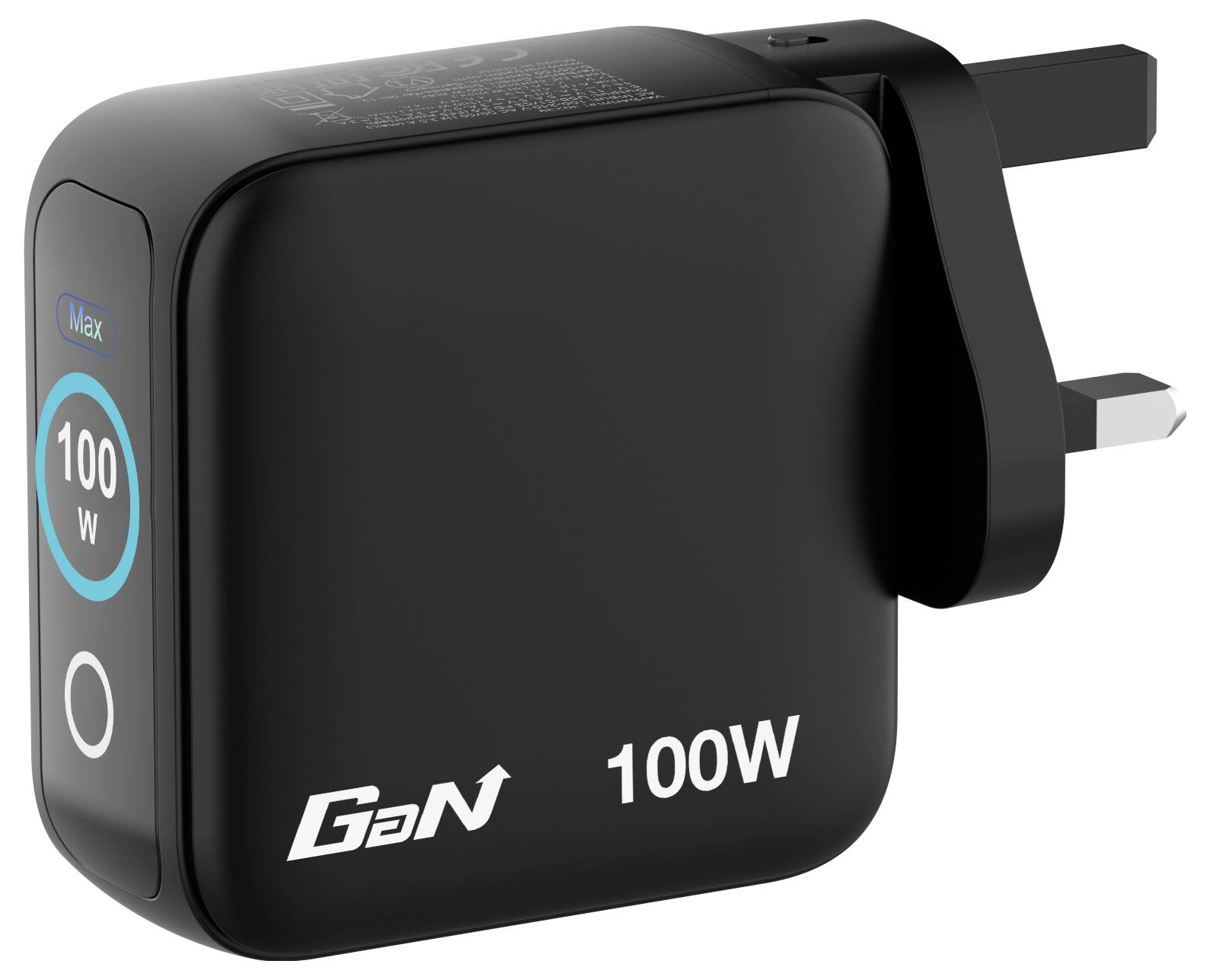 Ein schwarzes 100-W-GaN-Ladegerät mit UK-Stecker, ausgestattet mit einer kreisförmigen blauen Leuchtanzeige mit der Beschriftung „100 W Max