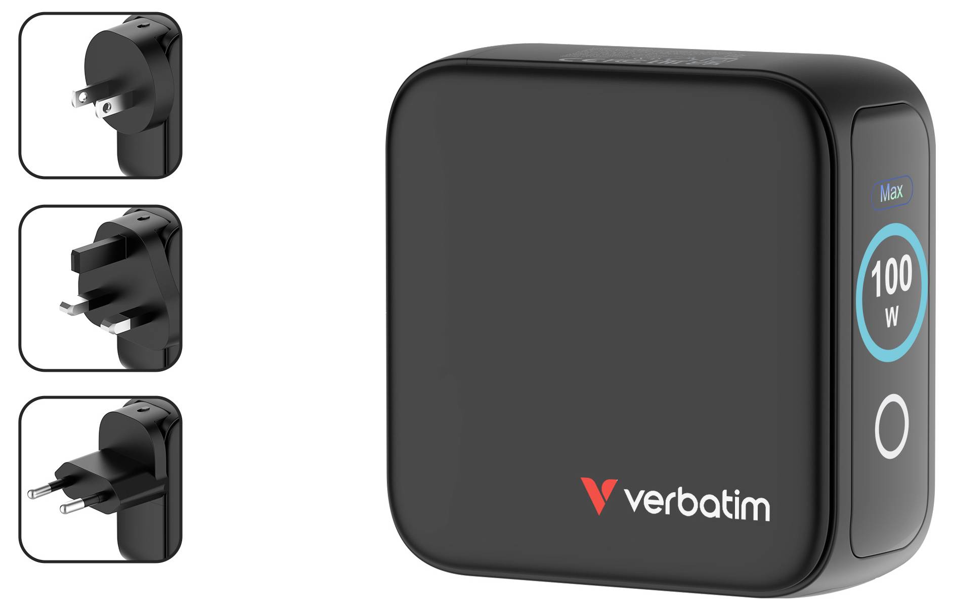 Ein schwarzer Verbatim-Stromadapter mit 100W Ausgangsleistung angezeigt, dargestellt mit austauschbaren Steckeroptionen für verschiedene Regionen.