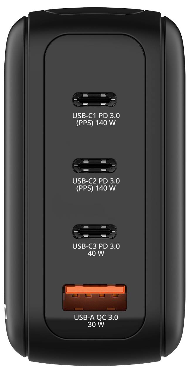 Schwarzes Ladegerät mit vier Anschlüssen: zwei USB-C PD 3.0 (PPS) 140W, ein USB-C PD 3.0 40W und ein USB-A QC 3.0 30W.